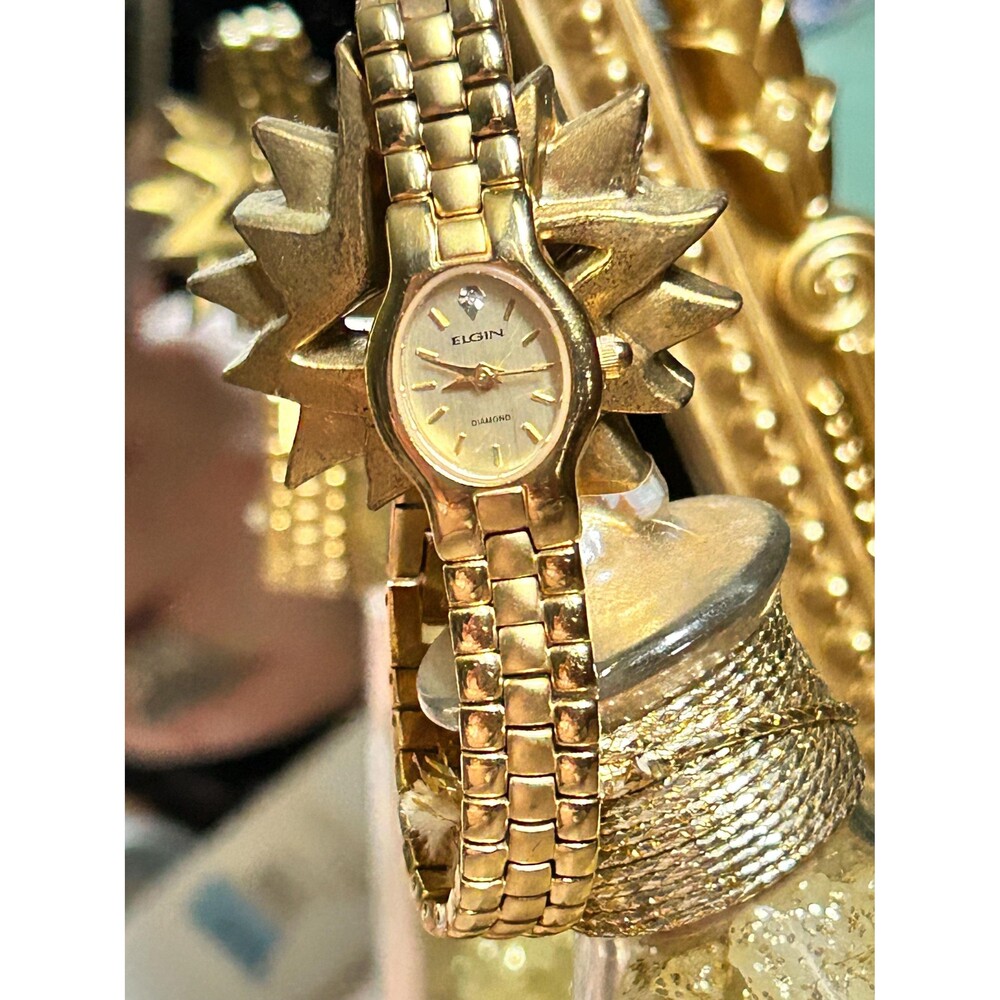 Elgin Ladies Gold Watch Diamond Face Bracelet Contrasting Gold Link Band VINTAGE